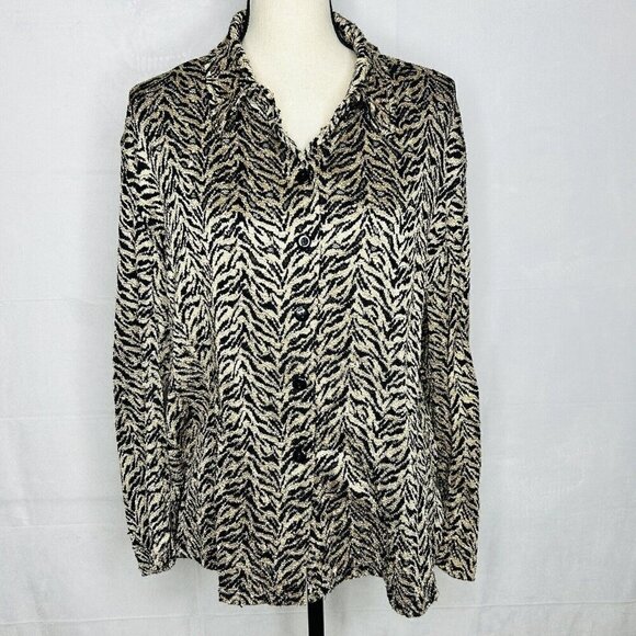 Chico's Design Sz 2 (M) Shacket Long-Sleeve Button-Up Black Tan Animal Print - Picture 1 of 10